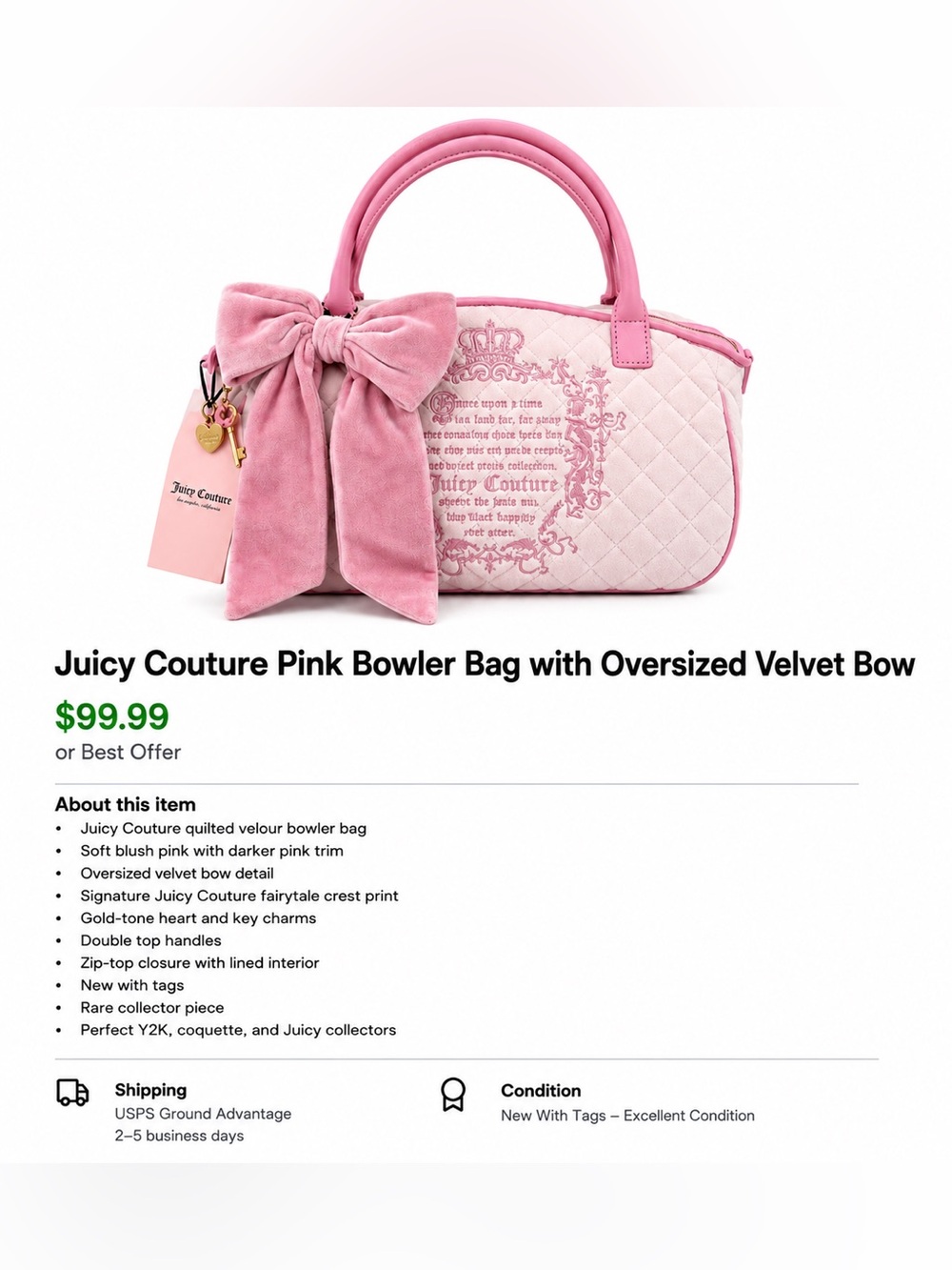 Juicy Couture Blush Quilted Bowler Bag with Velvet Bow Accent